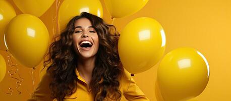 gelukkig vrouw poseren met ballonnen geïsoleerd Aan geel achtergrond vieren vakantie verjaardag en hebben pret foto