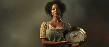 Afrikaanse Amerikaans vrouw Koken Bij huis met een pan en tonen een kopiëren ruimte Aan haar palm terwijl staand vol vertrouwen foto