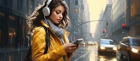 mooi jong leerling meisje aan het wachten voor een taxi genieten van telefoon muziek- Aan groot hoofdtelefoons foto