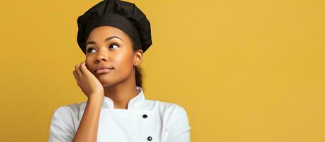 attent Afrikaanse Amerikaans vrouw chef in uniform overweegt kans geïsoleerd Aan geel backdrop foto