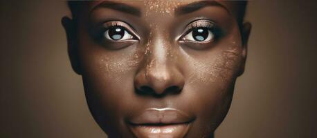 digitaal composiet portret van een Afrikaanse Amerikaans vrouw met bedenken met tekst voor Internationale huid pigmentatie dag foto