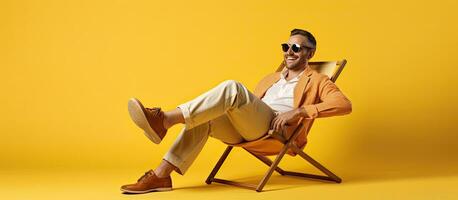 glimlachen toerist Mens in zomer kleren zittend Aan een dek stoel geïsoleerd Aan geel achtergrond foto