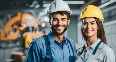 portret van gelukkig industrieel fabriek arbeiders. Mens en vrouw, professioneel arbeider in een helm. arbeid dag concept met mensen. ai generatief foto
