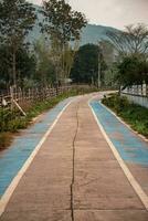 de beton weg in de platteland heeft blauw paden voor fietsen in de valleien. foto