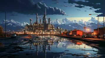 industrieel olie raffinaderij petrochemisch chemisch fabriek met uitrusting en hoog pijpen Bij nacht. ai gegenereerd foto