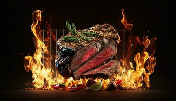gegrild rundvlees filet steaks met kruiden en specerijen Aan donker achtergrond. ai generatief foto