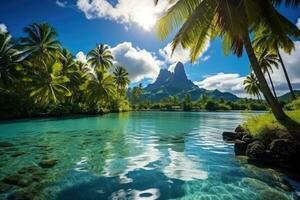 tropisch eiland met palm bomen en lagune Bij Seychellen, een vredig en rustig lagune in bora bora, Frans Polynesië, ai gegenereerd foto