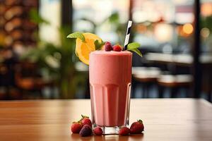 aardbei smoothie in een glas Aan een tafel in een cafe, een verfrissend fruit smoothie gegoten in een Doorzichtig glas Aan een café-stijl achtergrond, ai gegenereerd foto