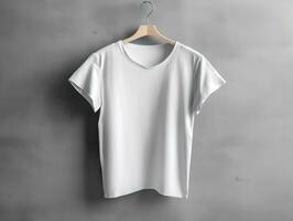 vrouw t-shirt model, te groot wit t-shirt generatief ai foto