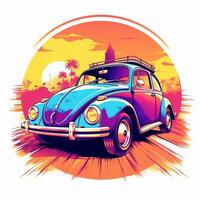 vlak ontwerp van een retro , volkswagen kever, kleurrijk tinten, zeer gedetailleerd, vector beeld generatief ai foto