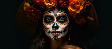 dia de los Muertos symbool eng meisje met calavera Catrina maken omhoog Aan zwart achtergrond halloween foto