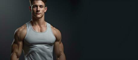 portret van een fit Mens met een aantrekkelijk lichaamsbouw poseren zonder shirt in een studio foto