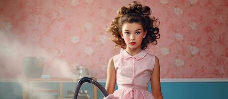 kind in polka punt jurk met krulspelden woont . bij naar huishouden klusjes in een pin omhoog mode stijl foto