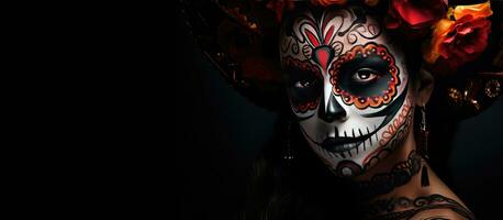 dia de los Muertos symbool eng meisje met calavera Catrina maken omhoog Aan zwart achtergrond halloween foto