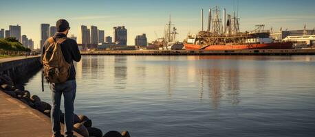 een fotograaf nemen afbeeldingen Bij puerto madero s kanaal in buenos aires Argentinië foto