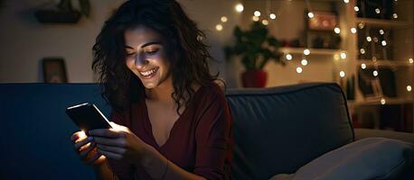 latina meisje gelukkig gebruik makend van telefoon in leven kamer Bij nacht foto