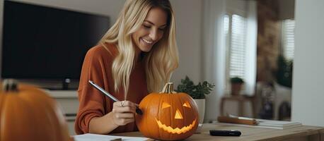 een Kaukasisch vrouw is gelukkig creëren een halloween video zelfstudie Bij huis gebruik makend van een zwart markeerstift naar trek een pompoen met haar digitaal camera dichtbij foto