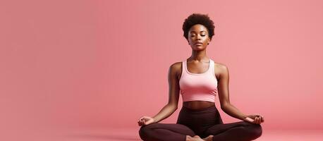 sereen vrouw in atletisch kleding vinden kalmte door yoga na geschiktheid regime gezeten Aan roze backdrop uitgebreid kamer voor tekst fysiek welzijn en s foto