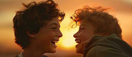 twee gelukkig Kaukasisch tieners spelen gedurende zonsondergang in een dichtbij omhoog schot met kamer voor tekst foto