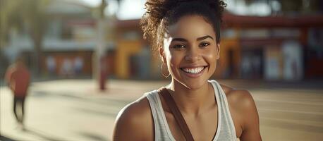 biraciaal vrouw basketbal speler met basketbal Bij rechtbank kopiëren ruimte onveranderd sport werkzaamheid en levensstijl foto