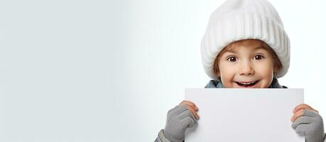 kind Holding blanco wit papier bord met ruimte voor tekst in een komisch wijze foto