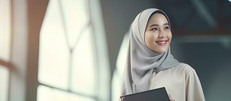 glimlachen Indonesisch moslim leerling in uniform Holding een boek en op zoek omhoog foto