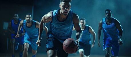basketbal spelers in blauw kleding spelen Bij Sportschool foto