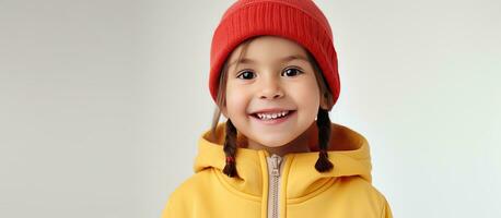 schattig meisje in geel capuchon en rood hoed glimlacht tegen wit backdrop ruimte voor uw advertentie foto