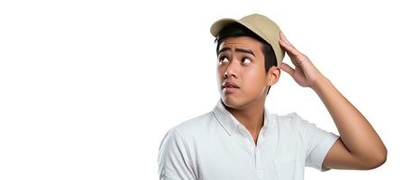 jong Indonesisch Mens vervelend een traditioneel hoed looks verbaasd en onderzoekt leeg ruimte wit achtergrond foto