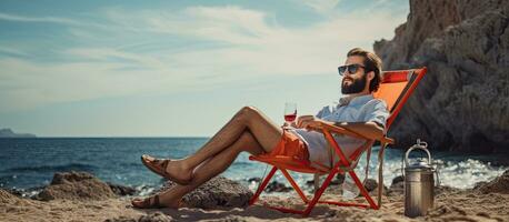 millennial Mens genieten van buitenshuis vrije tijd door de oceaan resting in een camping stoel drinken Frisdrank foto