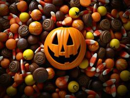 halloween achtergrond met snoepgoed, snoep en schattig jack O lantaarn foto