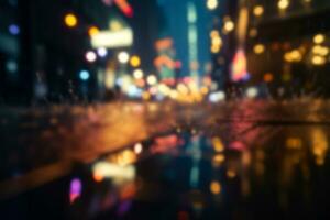 abstract nacht licht van stadsgezicht weg bokeh. vervagen stedelijk stad straat weg met regenen en verlichting bokeh voor achtergrond. foto
