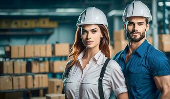 portret van gelukkig industrieel fabriek arbeiders. Mens en vrouw, professioneel arbeider in een helm. arbeid dag concept met mensen. ai generatief foto