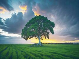 vrij foto breed hoek schot van een single boom groeit onder een bewolkt lucht gedurende een zonsondergang omringd door gras