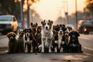 groep van gemengd dakloos honden aan het wachten voor voeden tijd Aan sub hoofd weg achtergrond foto