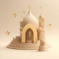 eid mubarak Islamitisch viering met schattig podium, gouden toren, halve maan, ster 3d illustratie. ai gegenereerd foto