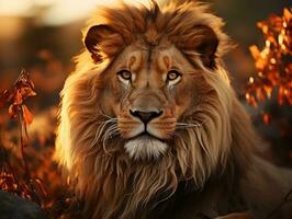 een leeuw in de savanne Bij zonsondergang, mannetje leeuw, koning van de wildernis generatief ai foto
