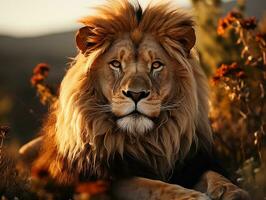 een leeuw in de savanne Bij zonsondergang, mannetje leeuw, koning van de wildernis generatief ai foto