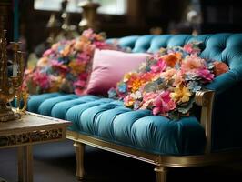 handgemaakt luxueus stoffen, roze, blauw, en goud fluweel luxe ontwerpen generatief ai foto