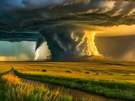 krachtig tornado met bliksem in de prairie foto