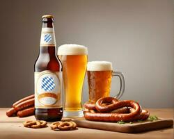 oktoberfeest achtergrond, bier, worstjes en pretzels Aan een houten tafel behang, banier foto