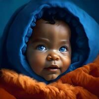 ai generatief portret van aanbiddelijk zwart baby pop met blauw ogen verpakt in taling en oranje deken foto