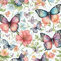 ai generatief naadloos patroon artistiek vlinder en bloemen achtergrond, waterverf banier foto