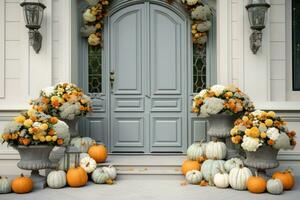 voorkant deur met vallen decor, pompoenen en herfstthema decoraties foto