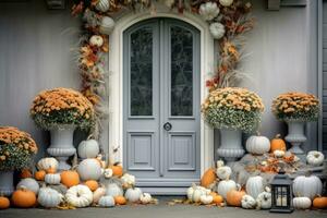 voorkant deur met vallen decor, pompoenen en herfstthema decoraties foto