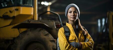 een vrouw vervelend moeilijk hoed en beschermend jasje staat in de elektrisch draden van een macht station werken foto