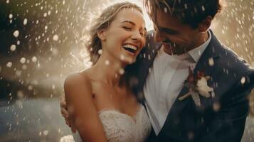 bruiden en bruidegoms lachend, met water druppels gegooid foto