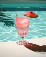 roze cocktail met citroen wig zittend Aan de zwembad tafel foto