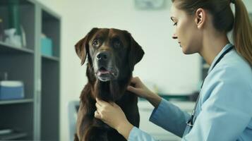 een dierenarts in een kliniek op zoek Bij een hond foto