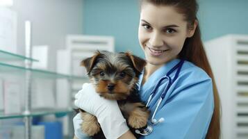 een dierenarts in een kliniek op zoek Bij een hond foto